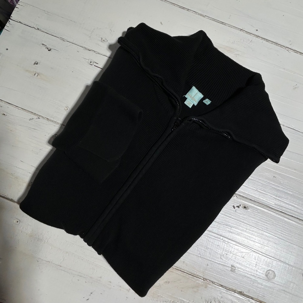 SHUSHU Women Black Ribbed Zip‎ Up Cardigan Sweater Jacket XL
